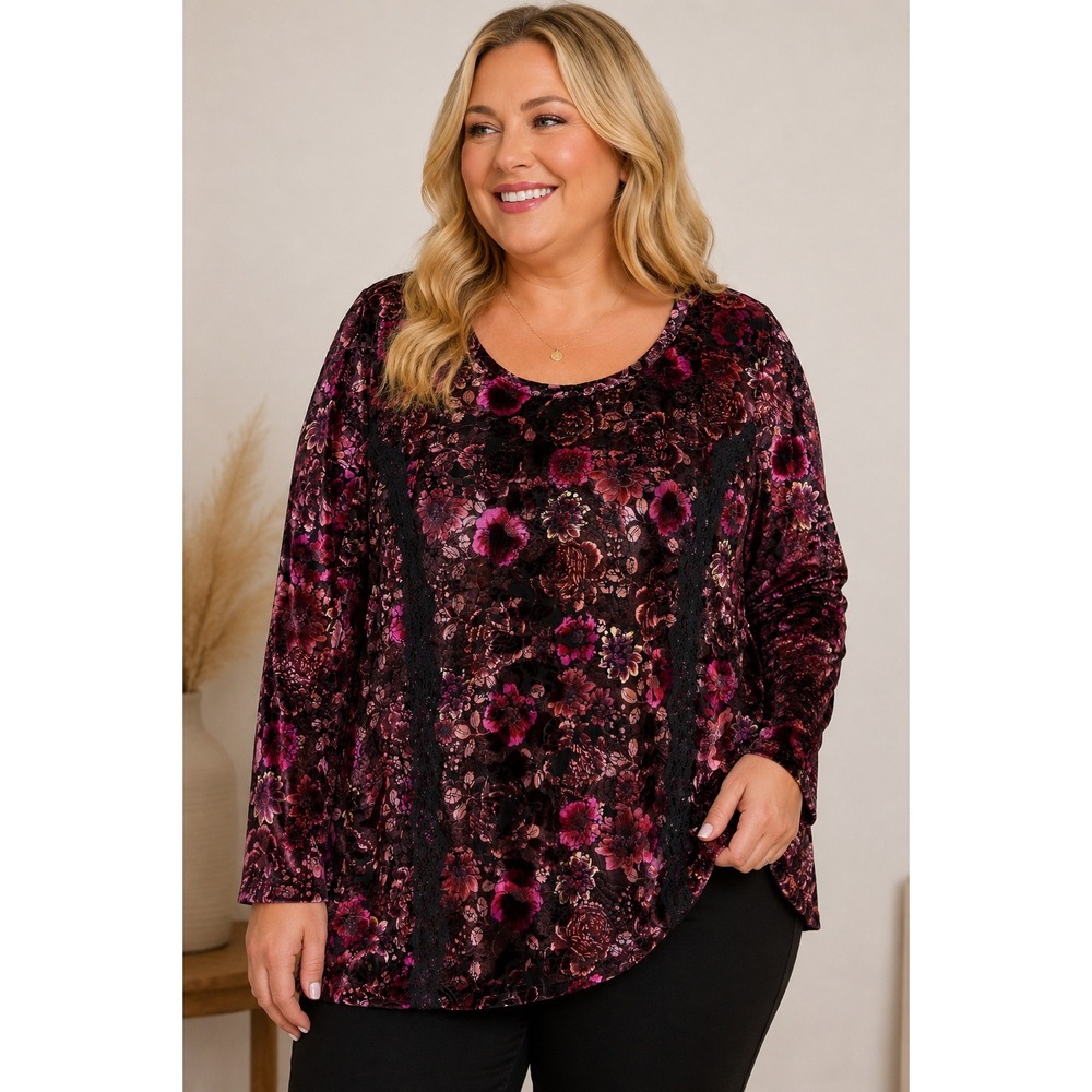 Christopher & Banks Velvet Burnout Floral Lace Trim Top Burgundy Pink 2X